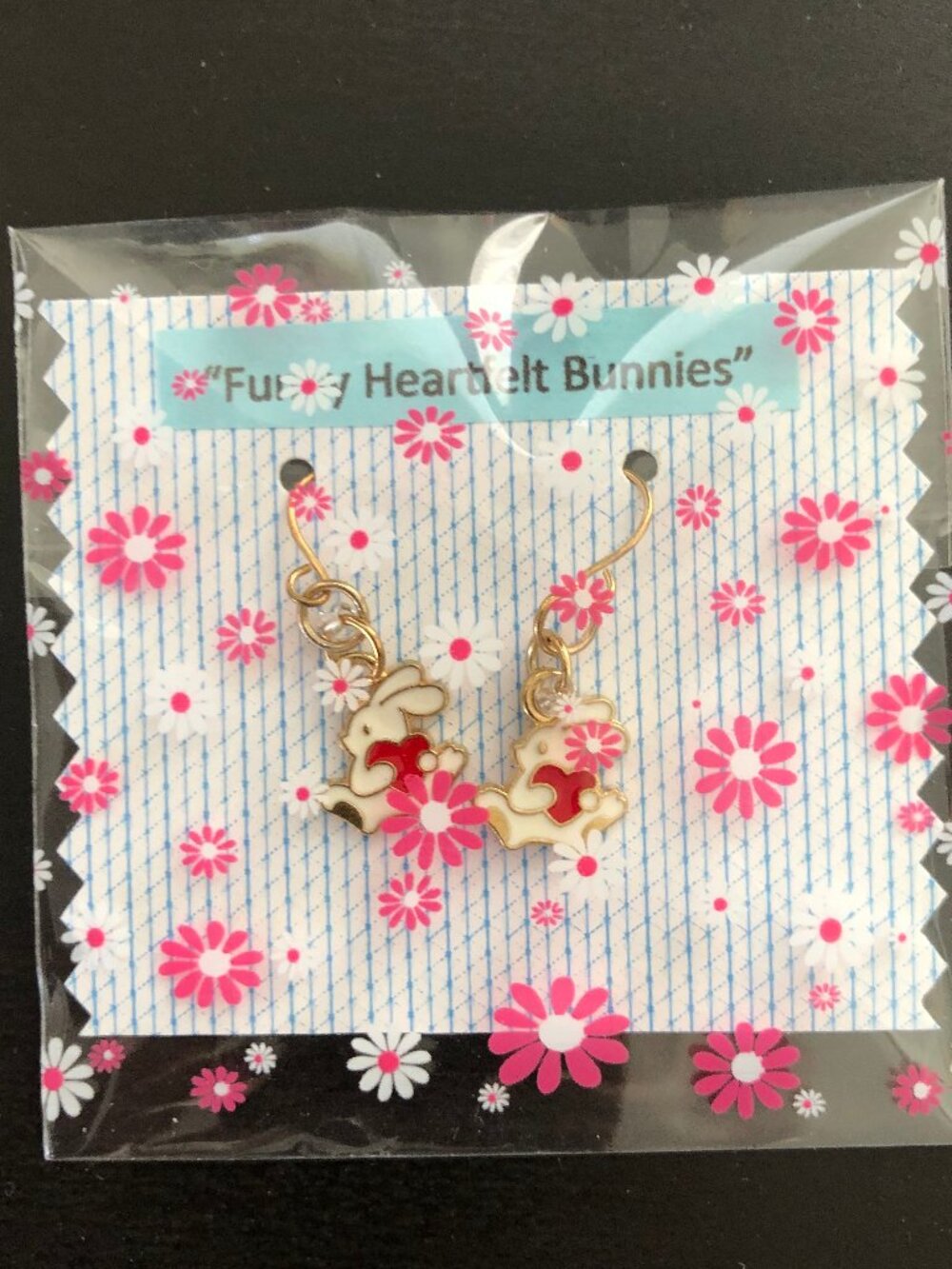 Funny Heartfelt Bunny - Golden Tone Hook Dangling Earrings